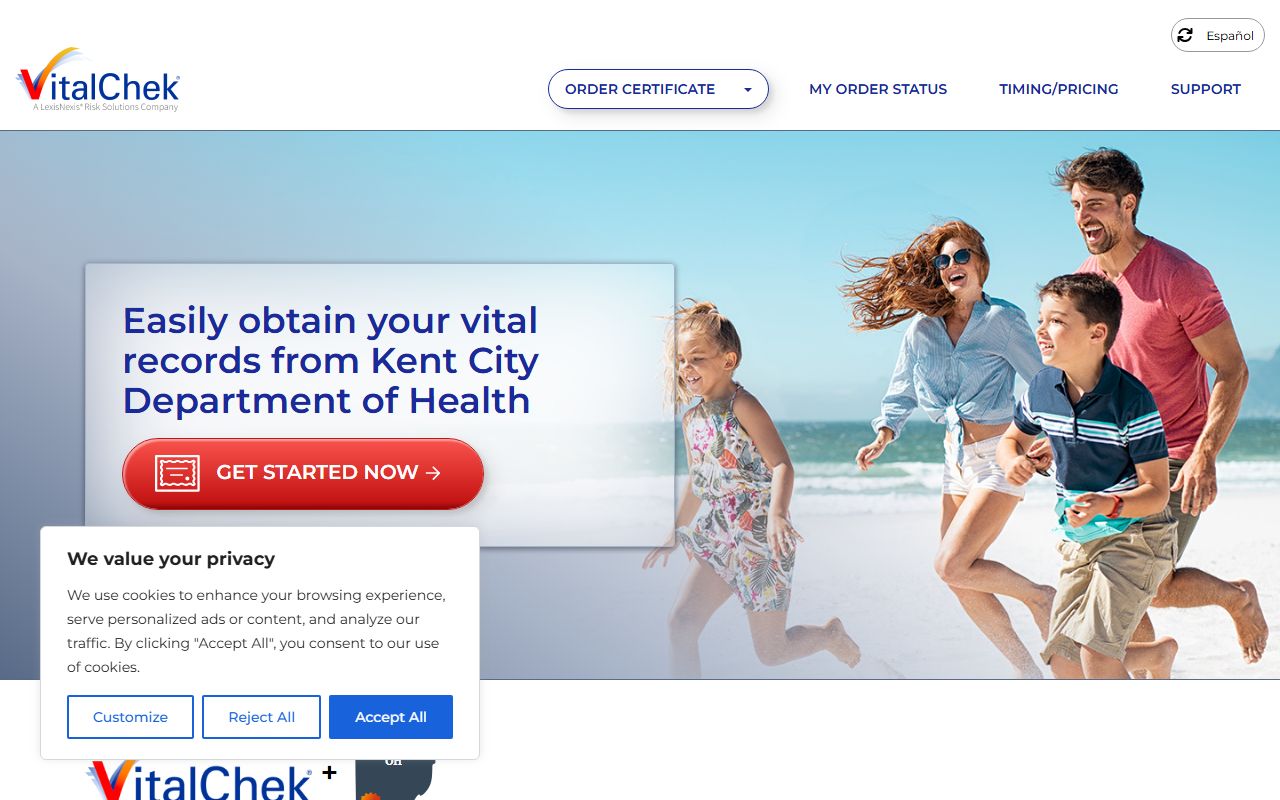 VitalChek online ordering page for Portage County birth certificates through Kent City Health