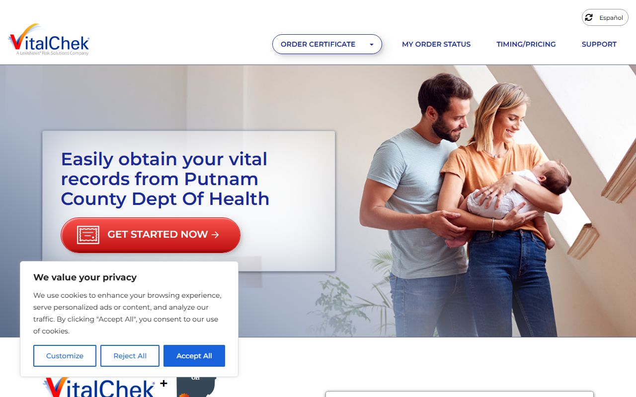 VitalChek online ordering page for Putnam County Ohio birth certificates