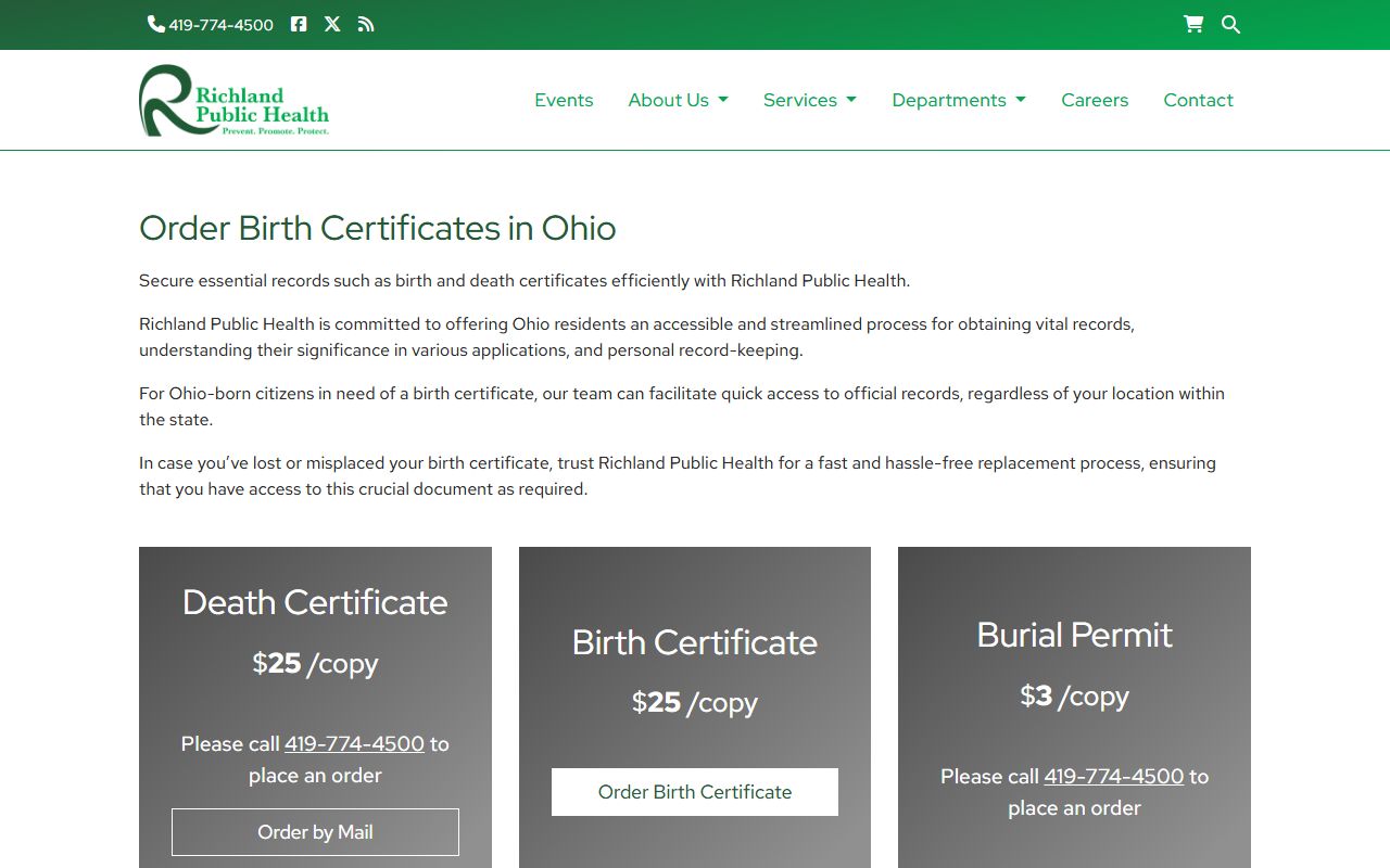 Richland Public Health birth records ordering page in Mansfield Ohio