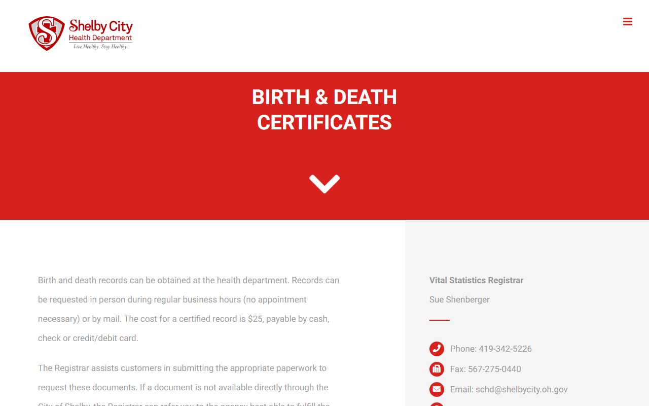 Shelby City Health Department birth and death certificates page for Richland County