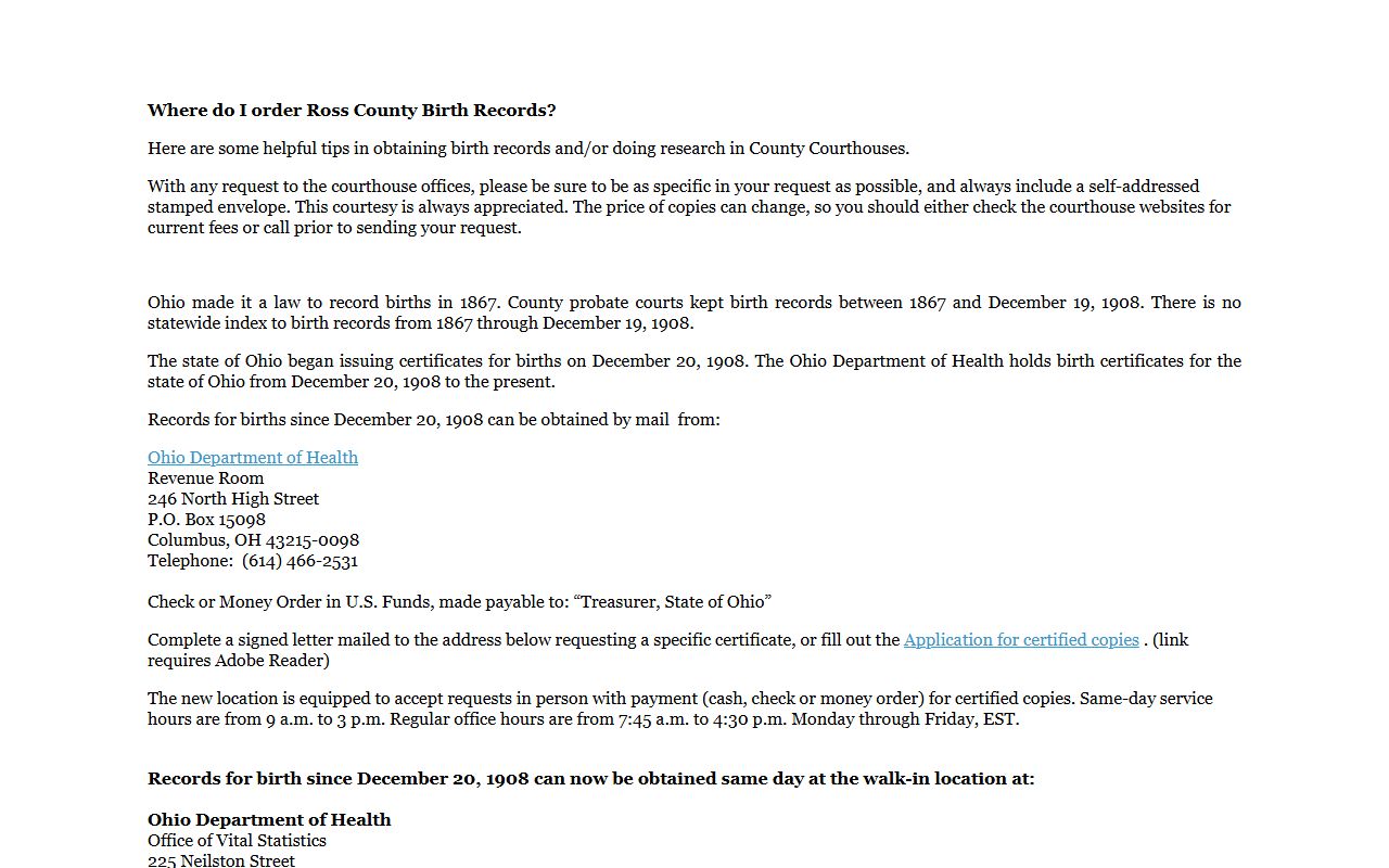 Ross County Health District vital records ordering page for birth certificates