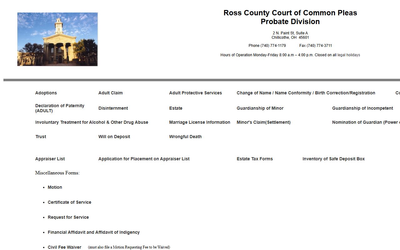 Ross County Probate Court website showing birth record archives
