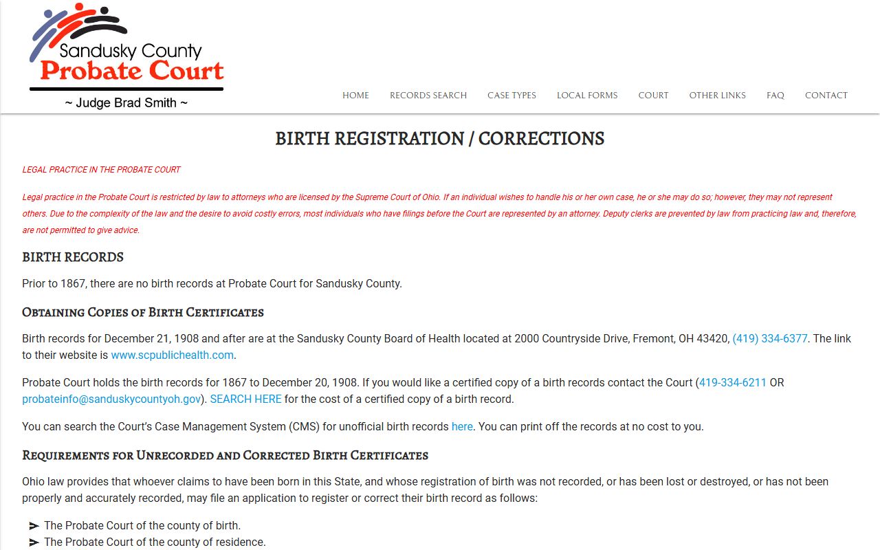 Sandusky County Probate Court birth records and delayed registration page