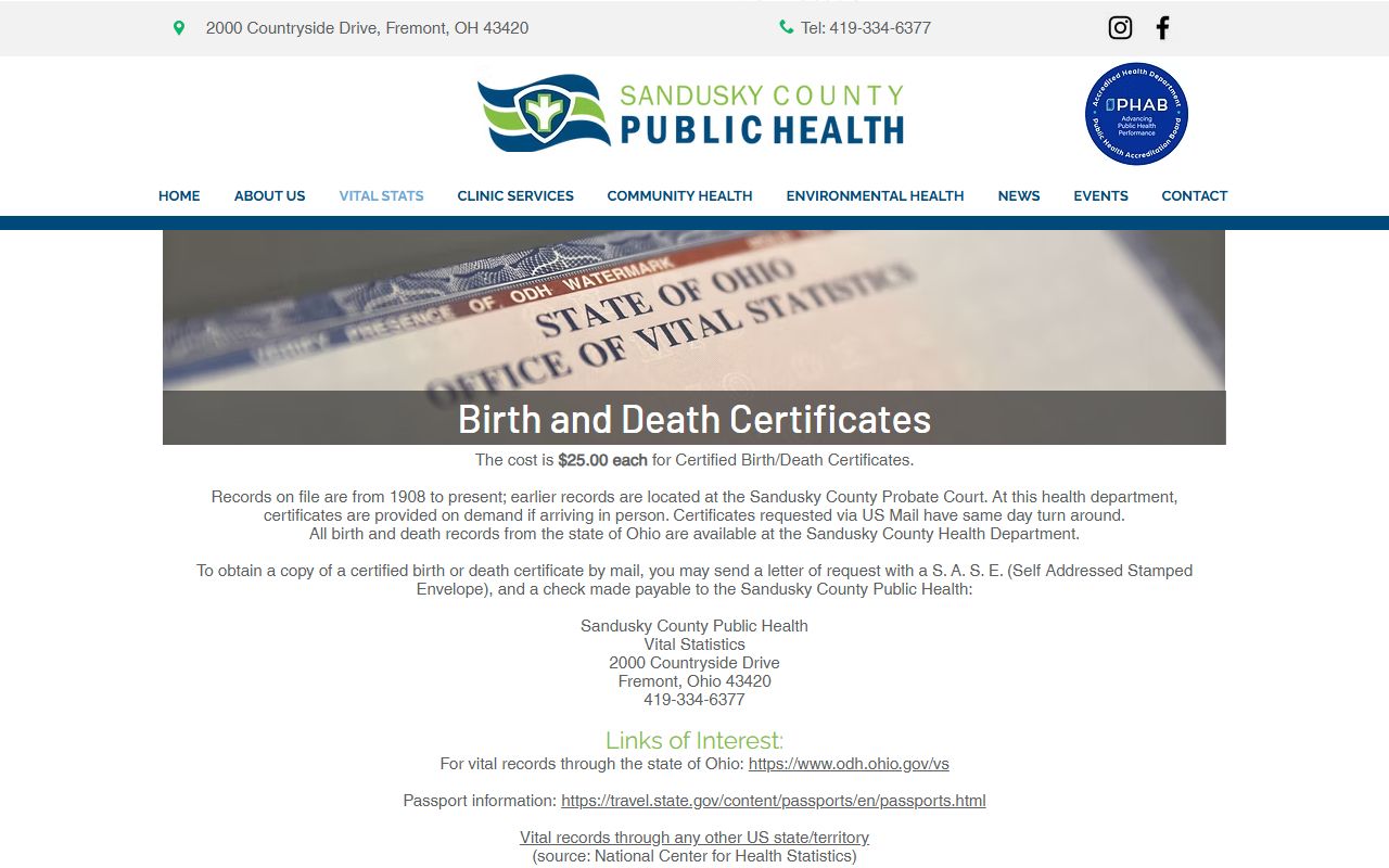 Sandusky County Public Health vital records page for birth certificates