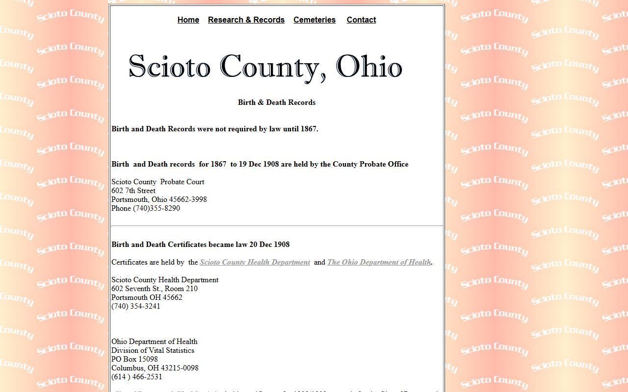 Scioto County Health Department birth records information page