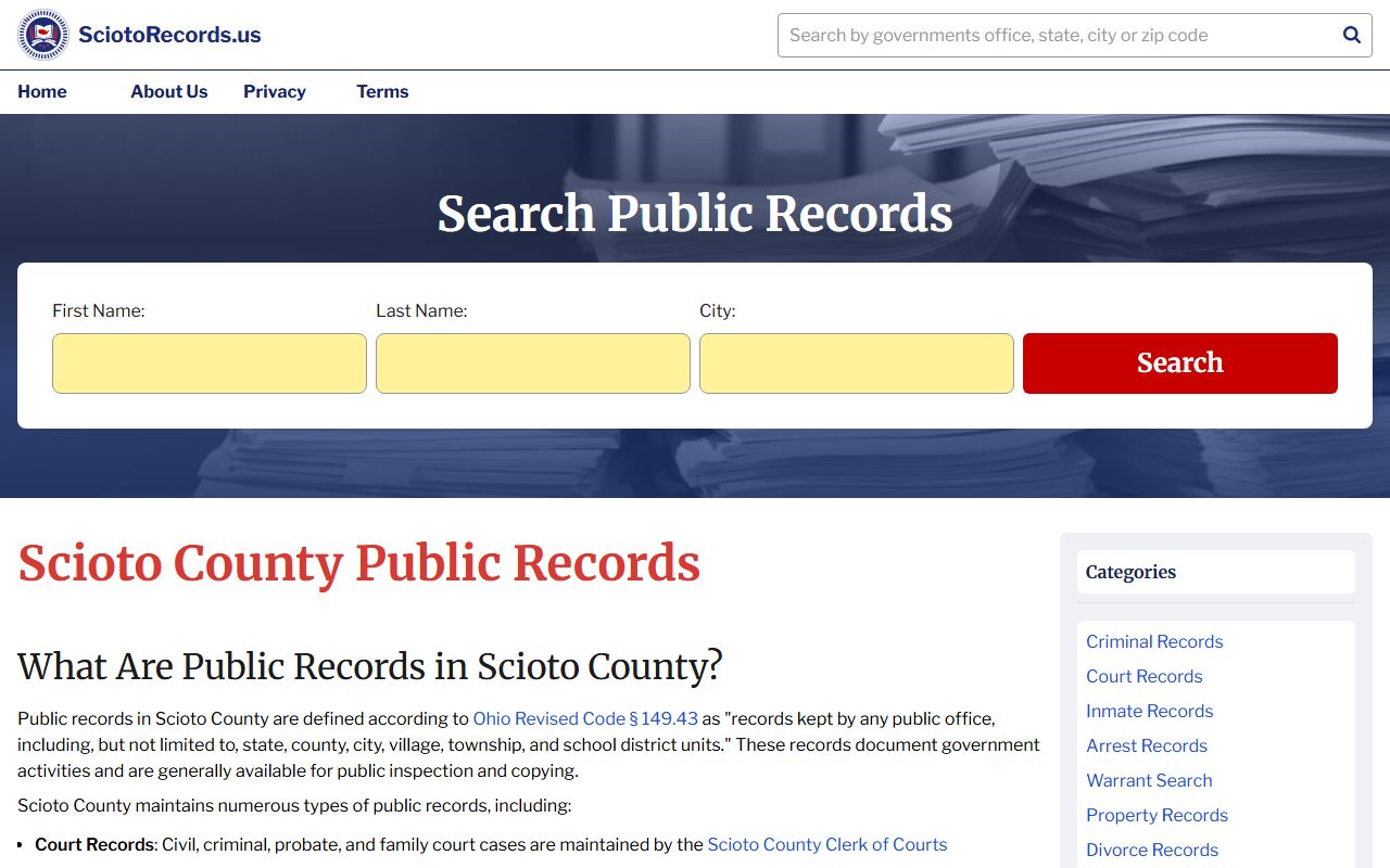 Scioto County Probate Court records website for birth and death records