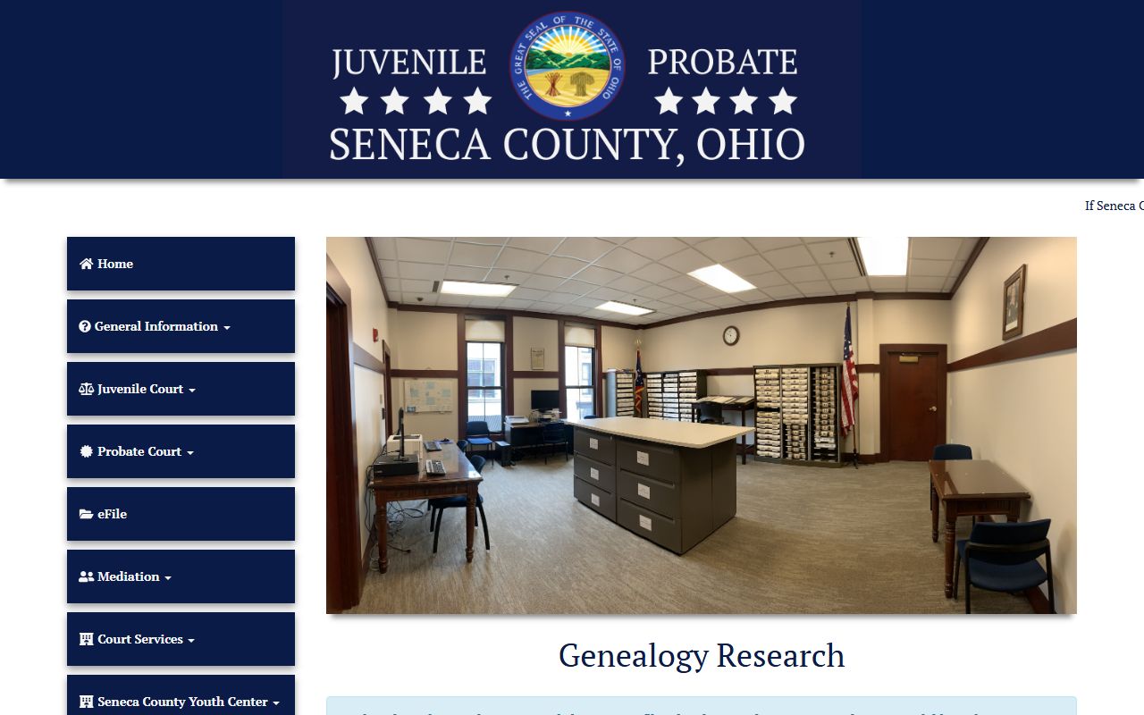 Seneca County Probate Court genealogy page showing birth record availability