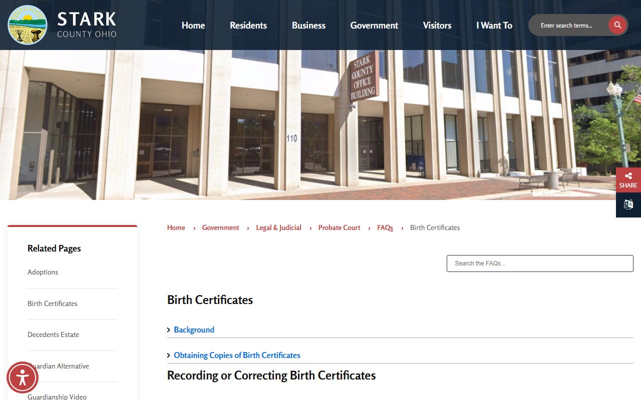 Stark County Health Department birth certificate FAQ page