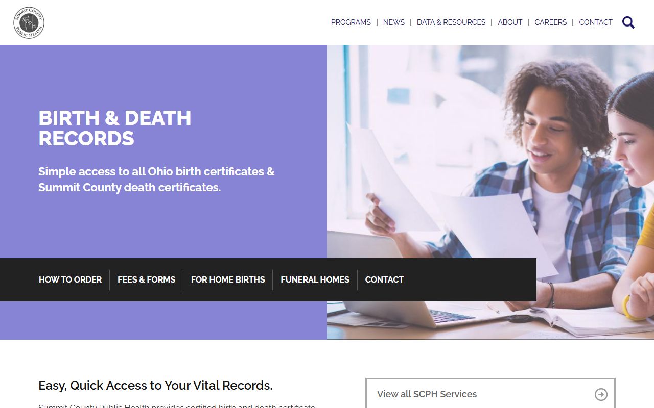 Summit County Public Health birth and death records ordering page in Akron Ohio