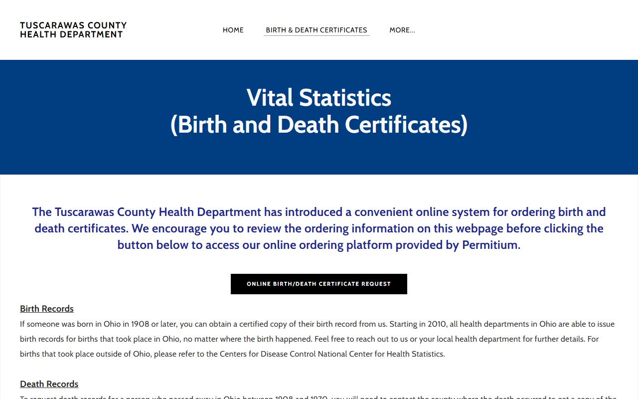 Tuscarawas County Health Department birth records ordering page
