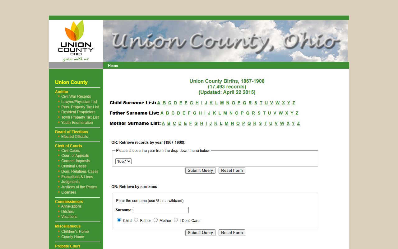 Union County birth record index search page for historical records
