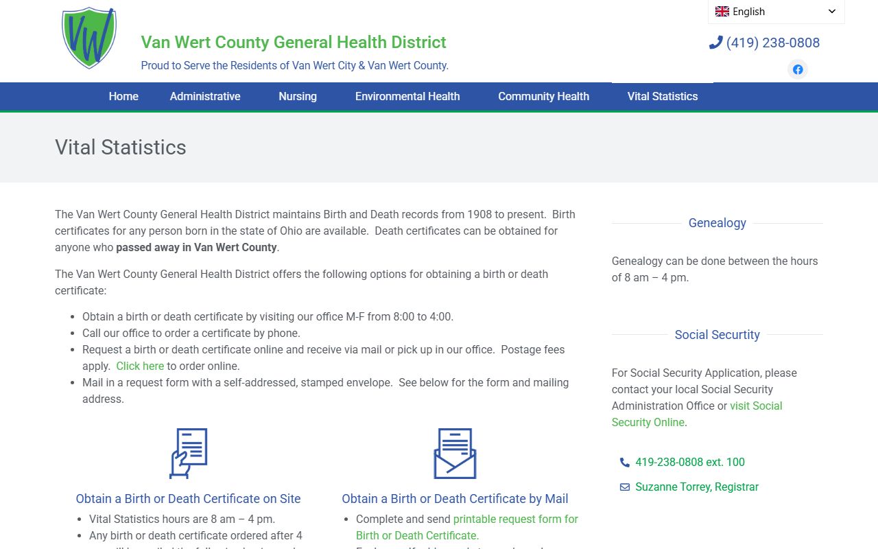 Van Wert County General Health District vital statistics page for birth records