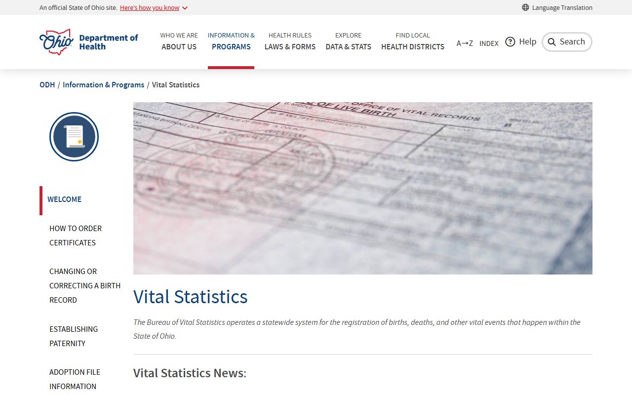 Ohio Department of Health vital statistics portal for Ohio birth records