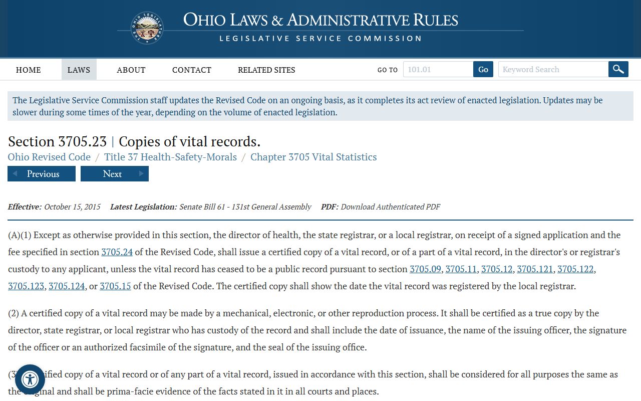 Ohio Revised Code Section 3705.23 governing certified copies of Ohio birth records