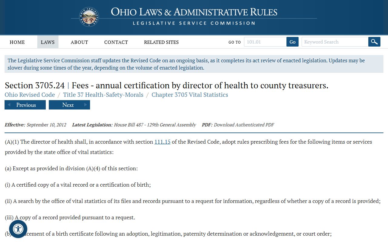 Ohio Revised Code Section 3705.24 governing Williams County birth record fees